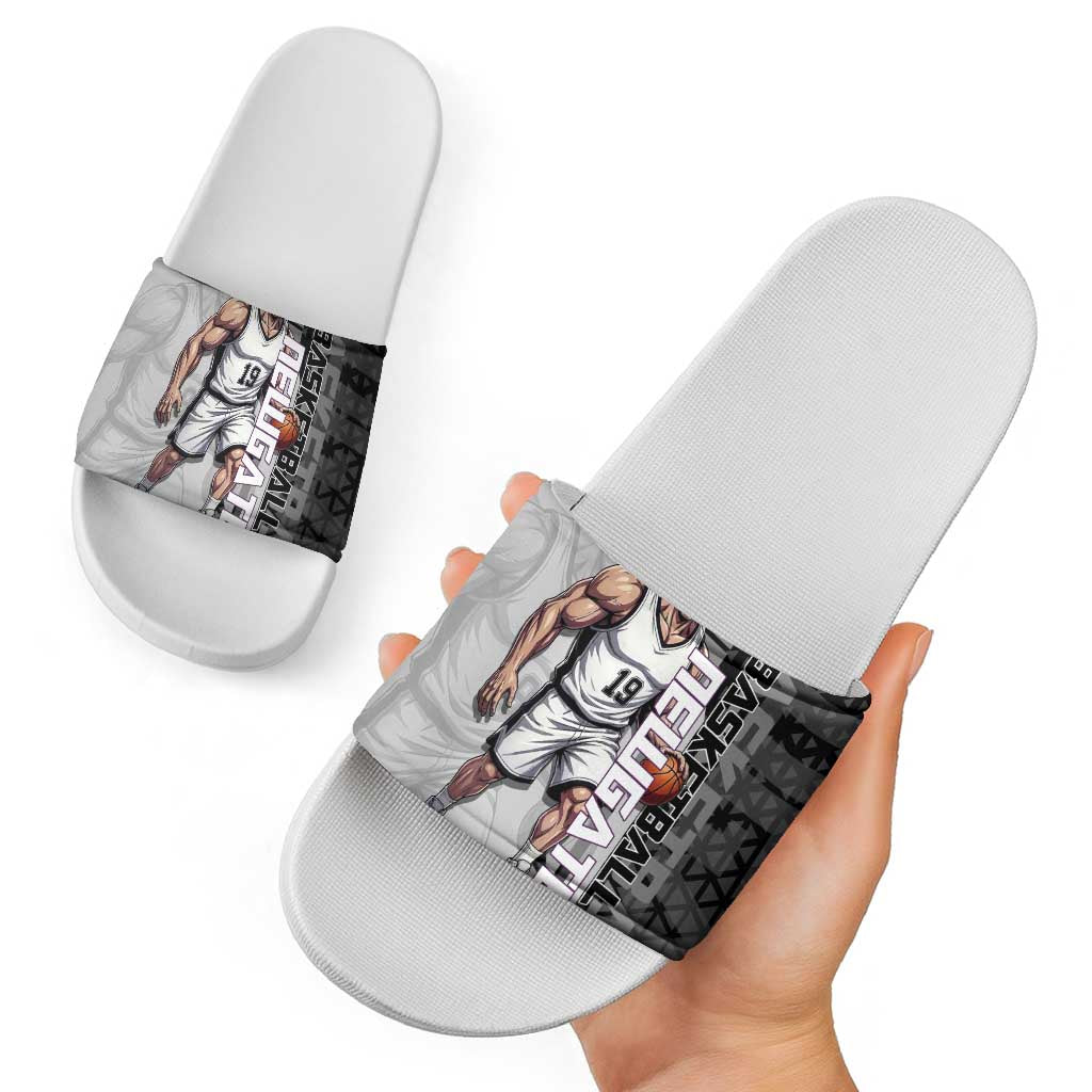 Whitebeard Newgate One Piece Basketball Theme Black and White Design Slide Sandals with Crossed Moustache Emblem and Dominant Pose - The Mazicc