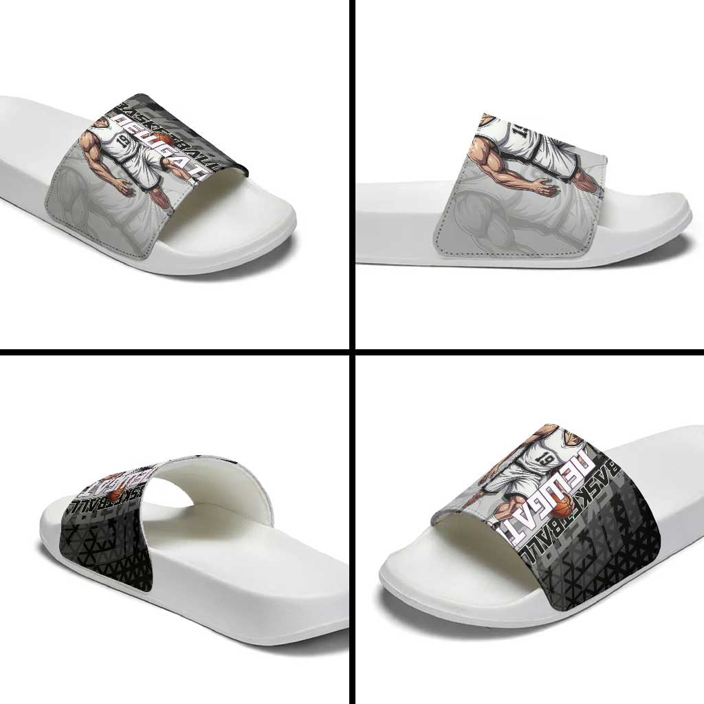 Whitebeard Newgate One Piece Basketball Theme Black and White Design Slide Sandals with Crossed Moustache Emblem and Dominant Pose - The Mazicc