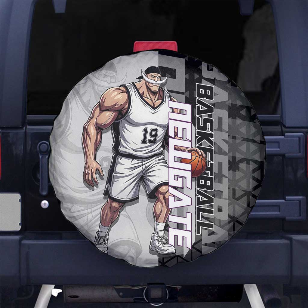 Whitebeard Newgate One Piece Basketball Theme Black and White Design Spare Tire Cover with Crossed Moustache Emblem and Dominant Pose - The Mazicc
