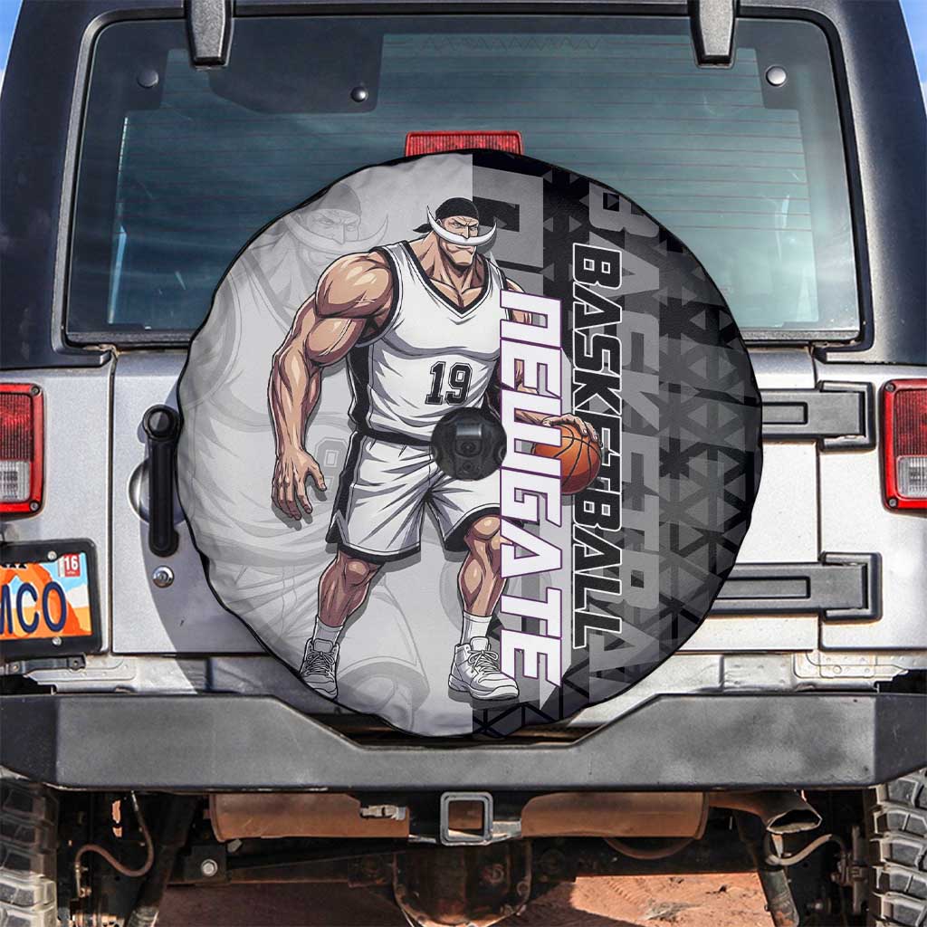 Whitebeard Newgate One Piece Basketball Theme Black and White Design Spare Tire Cover with Crossed Moustache Emblem and Dominant Pose - The Mazicc