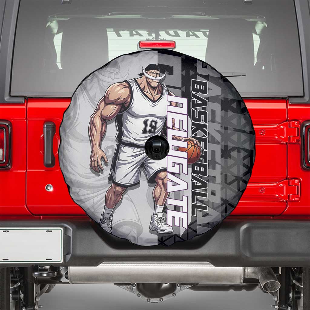 Whitebeard Newgate One Piece Basketball Theme Black and White Design Spare Tire Cover with Crossed Moustache Emblem and Dominant Pose - The Mazicc