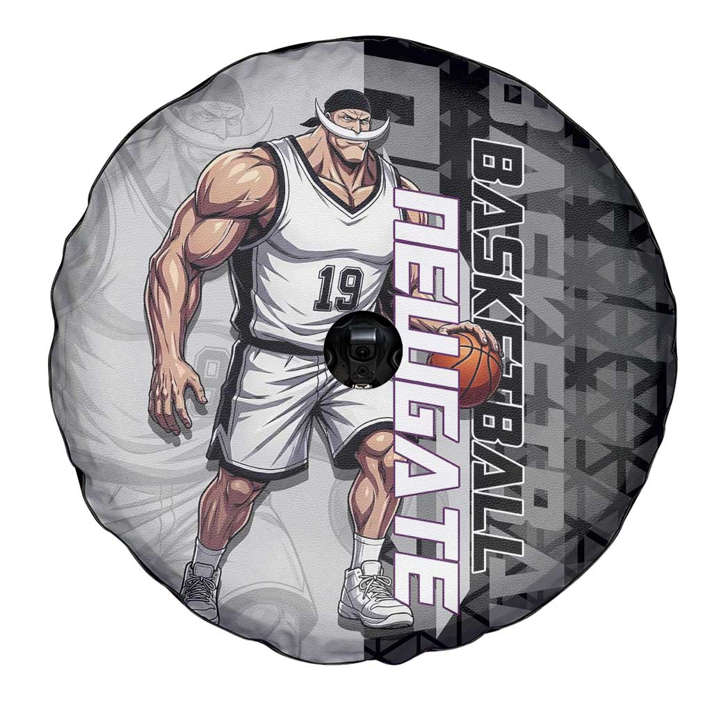 Whitebeard Newgate One Piece Basketball Theme Black and White Design Spare Tire Cover with Crossed Moustache Emblem and Dominant Pose - The Mazicc
