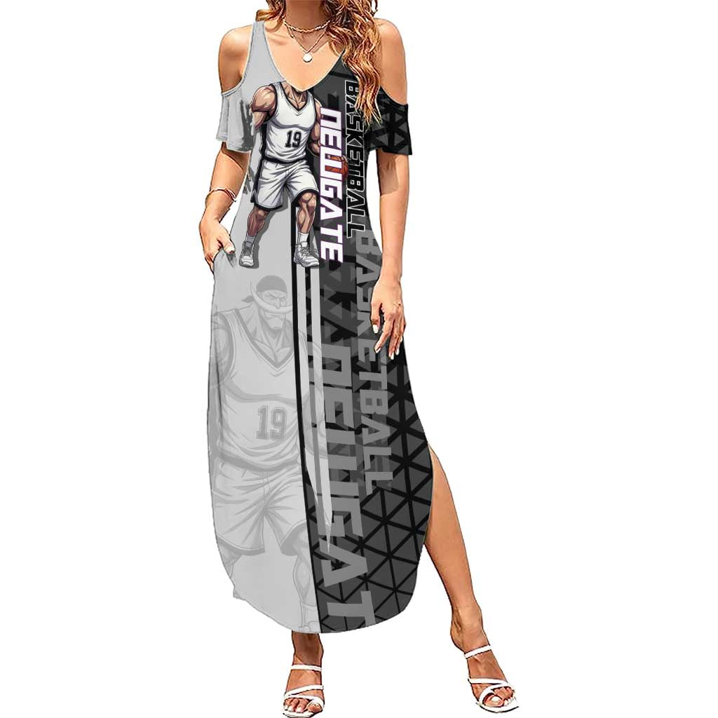 Whitebeard Newgate One Piece Basketball Theme Black and White Design Summer Maxi Dress with Crossed Moustache Emblem and Dominant Pose - The Mazicc