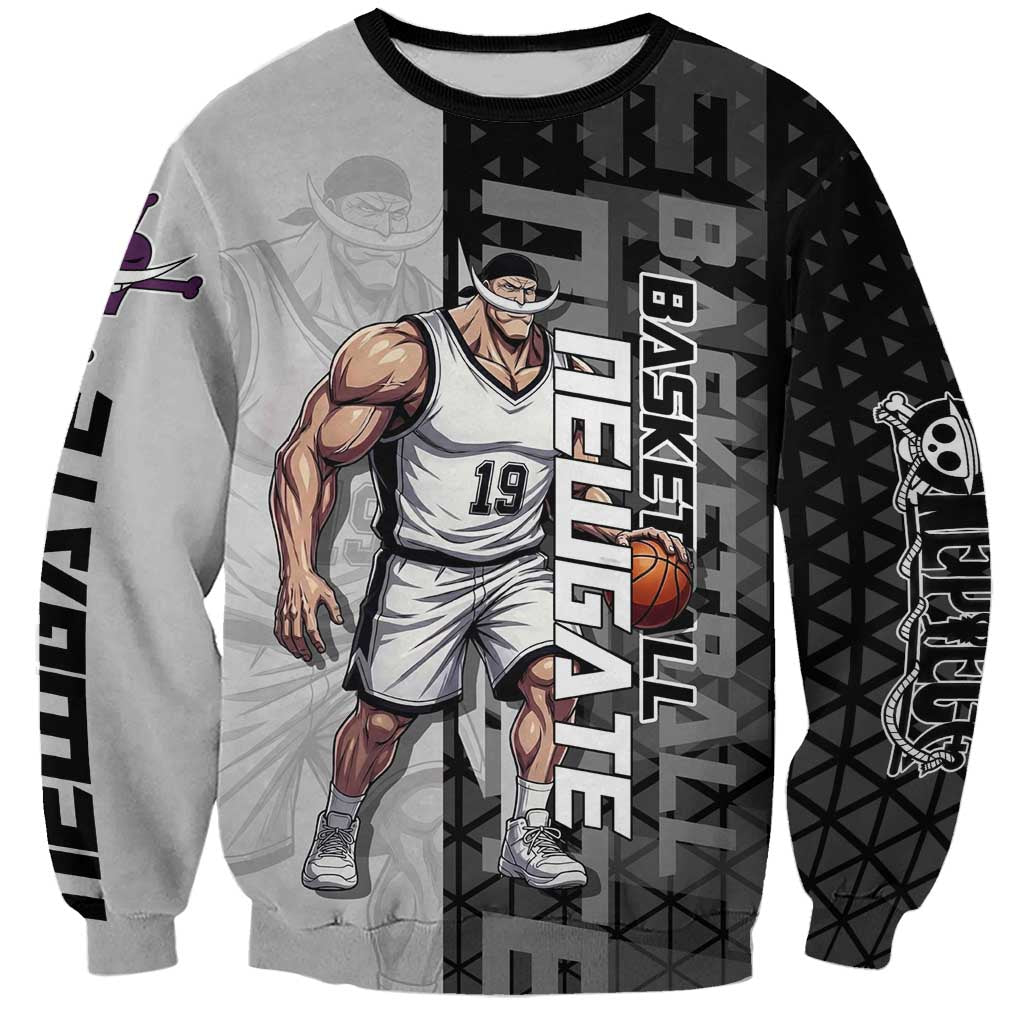 Whitebeard Newgate One Piece Basketball Theme Black and White Design Sweatshirt with Crossed Moustache Emblem and Dominant Pose - The Mazicc