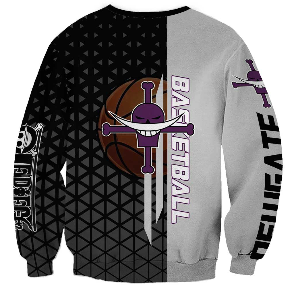 Whitebeard Newgate One Piece Basketball Theme Black and White Design Sweatshirt with Crossed Moustache Emblem and Dominant Pose - The Mazicc
