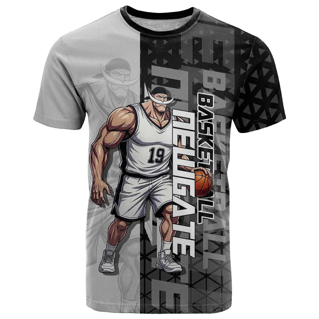 Whitebeard Newgate One Piece Basketball Theme Black and White Design T Shirt with Crossed Moustache Emblem and Dominant Pose - The Mazicc
