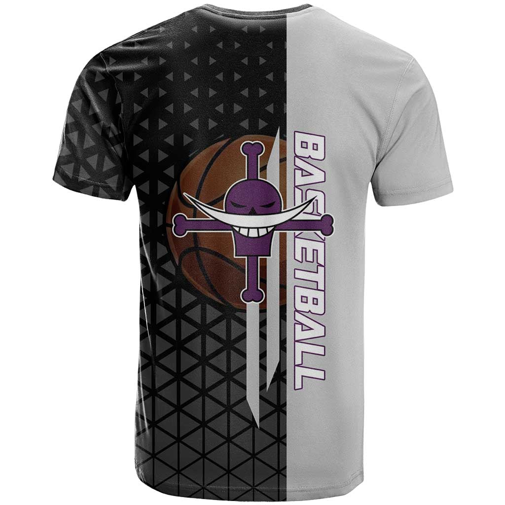Whitebeard Newgate One Piece Basketball Theme Black and White Design T Shirt with Crossed Moustache Emblem and Dominant Pose - The Mazicc