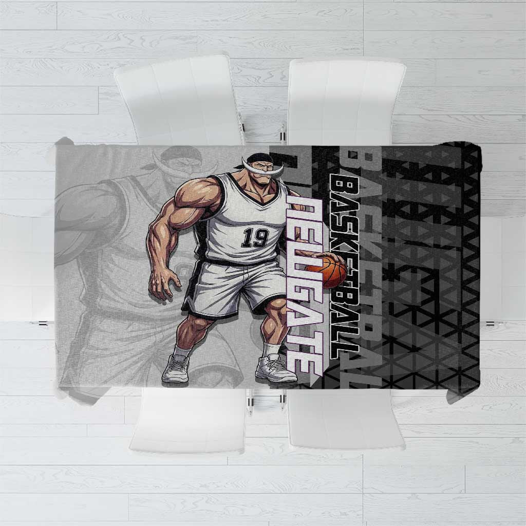 Whitebeard Newgate One Piece Basketball Theme Black and White Design Tablecloth with Crossed Moustache Emblem and Dominant Pose - The Mazicc