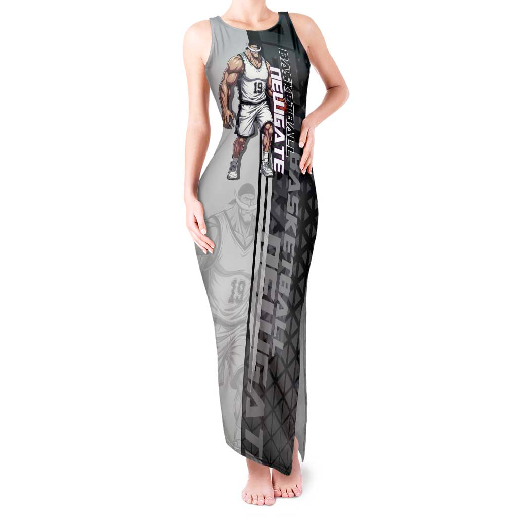 Whitebeard Newgate One Piece Basketball Theme Black and White Design Tank Maxi Dress with Crossed Moustache Emblem and Dominant Pose - The Mazicc