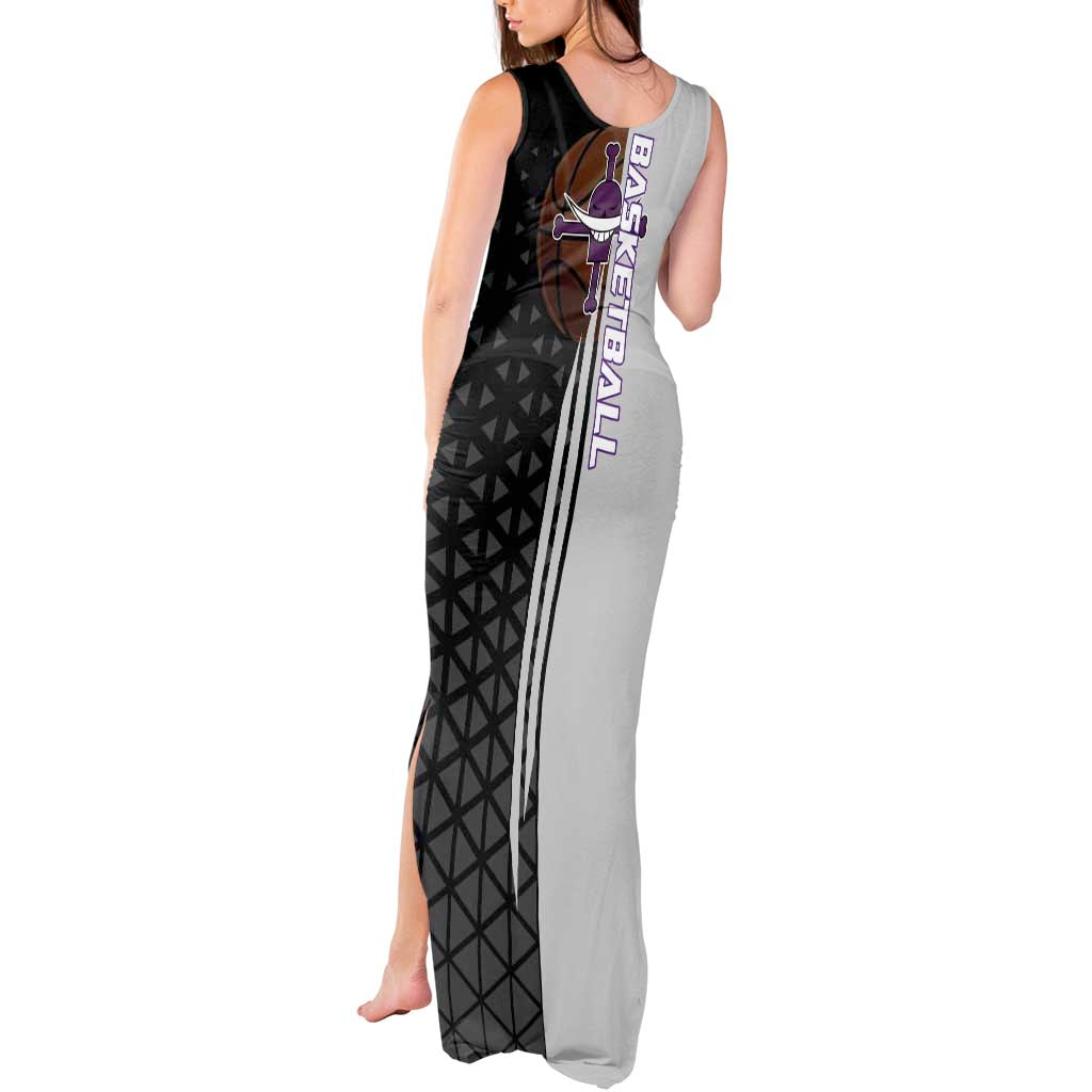 Whitebeard Newgate One Piece Basketball Theme Black and White Design Tank Maxi Dress with Crossed Moustache Emblem and Dominant Pose - The Mazicc