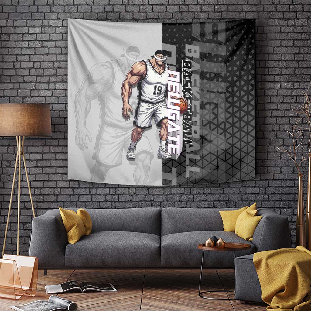 Whitebeard Newgate One Piece Basketball Theme Black and White Design Tapestry with Crossed Moustache Emblem and Dominant Pose - The Mazicc
