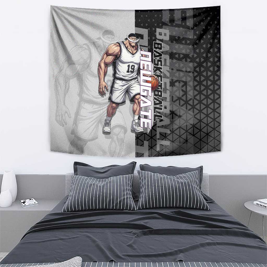 Whitebeard Newgate One Piece Basketball Theme Black and White Design Tapestry with Crossed Moustache Emblem and Dominant Pose - The Mazicc