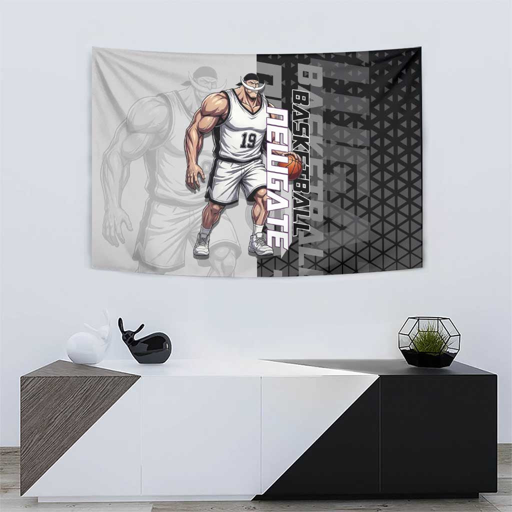 Whitebeard Newgate One Piece Basketball Theme Black and White Design Tapestry with Crossed Moustache Emblem and Dominant Pose - The Mazicc