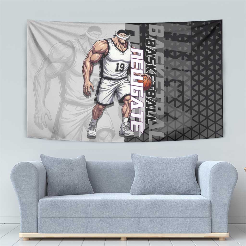 Whitebeard Newgate One Piece Basketball Theme Black and White Design Tapestry with Crossed Moustache Emblem and Dominant Pose - The Mazicc