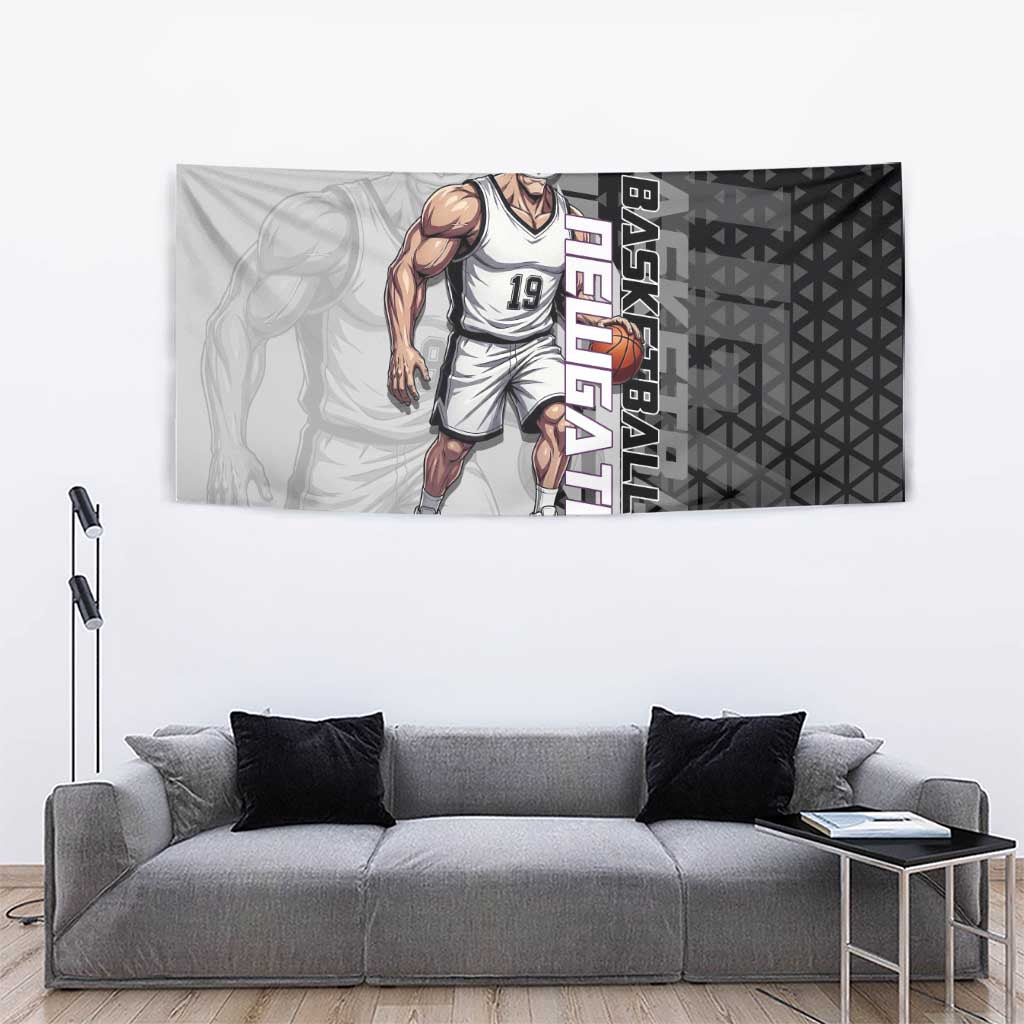 Whitebeard Newgate One Piece Basketball Theme Black and White Design Tapestry with Crossed Moustache Emblem and Dominant Pose - The Mazicc