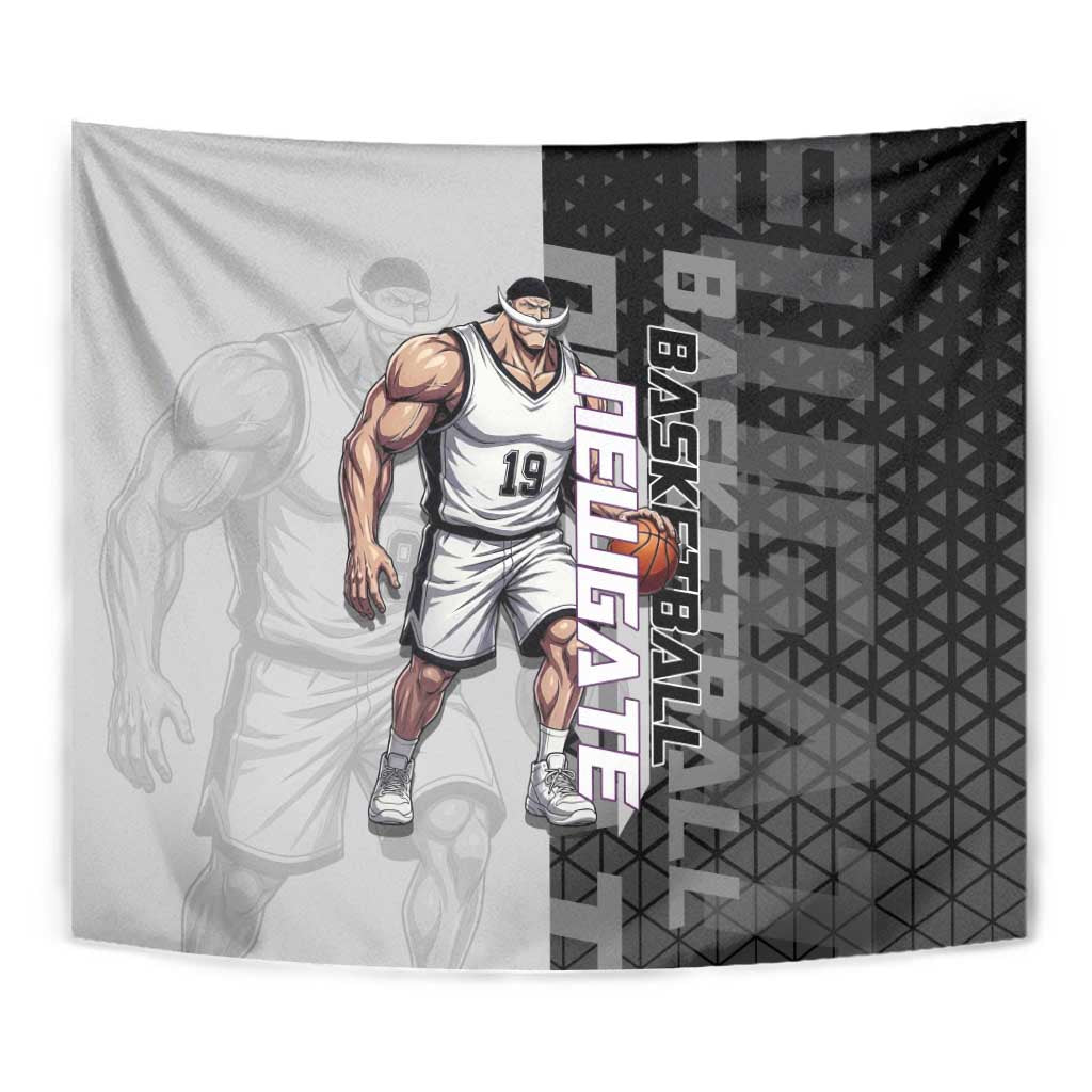 Whitebeard Newgate One Piece Basketball Theme Black and White Design Tapestry with Crossed Moustache Emblem and Dominant Pose - The Mazicc