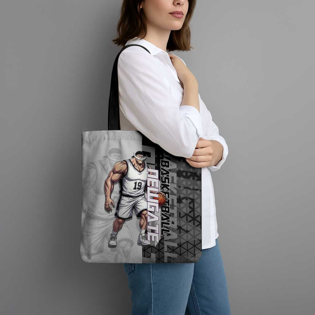 Whitebeard Newgate One Piece Basketball Theme Black and White Design Tote Bag with Crossed Moustache Emblem and Dominant Pose - The Mazicc