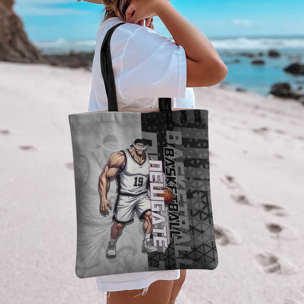 Whitebeard Newgate One Piece Basketball Theme Black and White Design Tote Bag with Crossed Moustache Emblem and Dominant Pose - The Mazicc