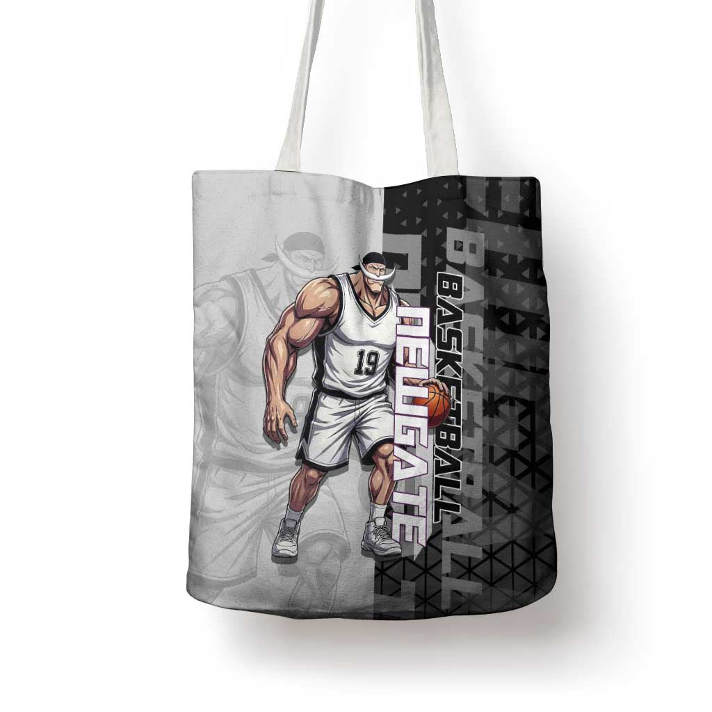 Whitebeard Newgate One Piece Basketball Theme Black and White Design Tote Bag with Crossed Moustache Emblem and Dominant Pose - The Mazicc