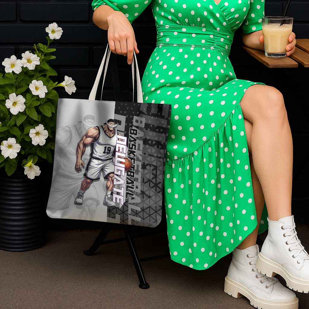 Whitebeard Newgate One Piece Basketball Theme Black and White Design Tote Bag with Crossed Moustache Emblem and Dominant Pose - The Mazicc