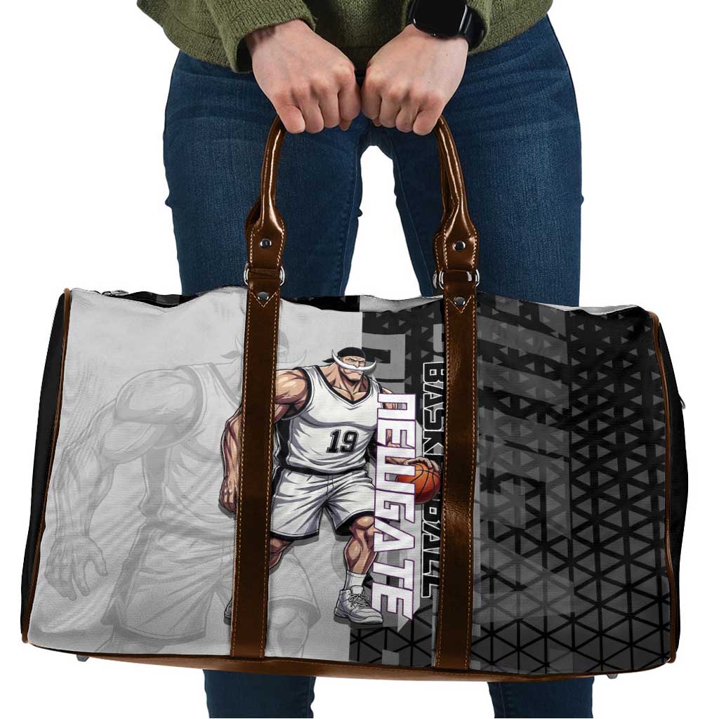Whitebeard Newgate One Piece Basketball Theme Black and White Design Travel Bag with Crossed Moustache Emblem and Dominant Pose - The Mazicc