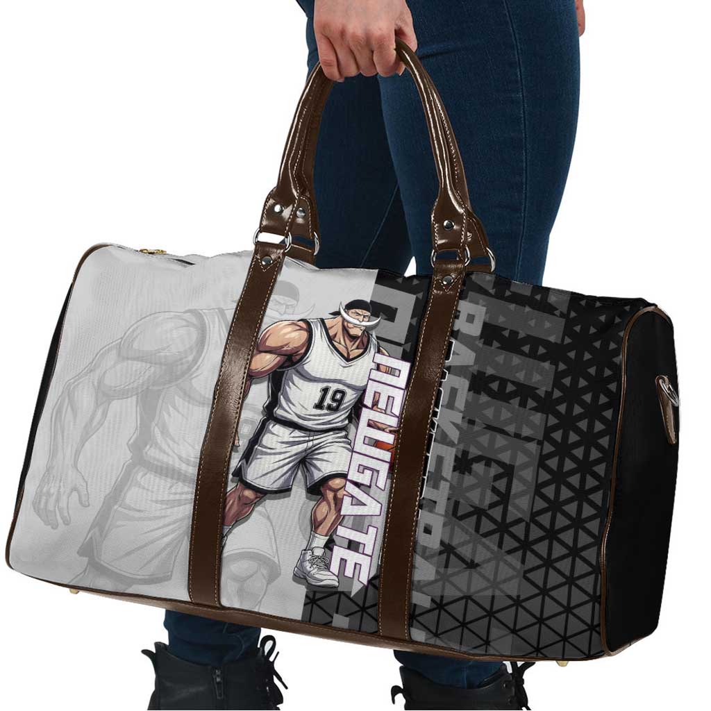 Whitebeard Newgate One Piece Basketball Theme Black and White Design Travel Bag with Crossed Moustache Emblem and Dominant Pose - The Mazicc