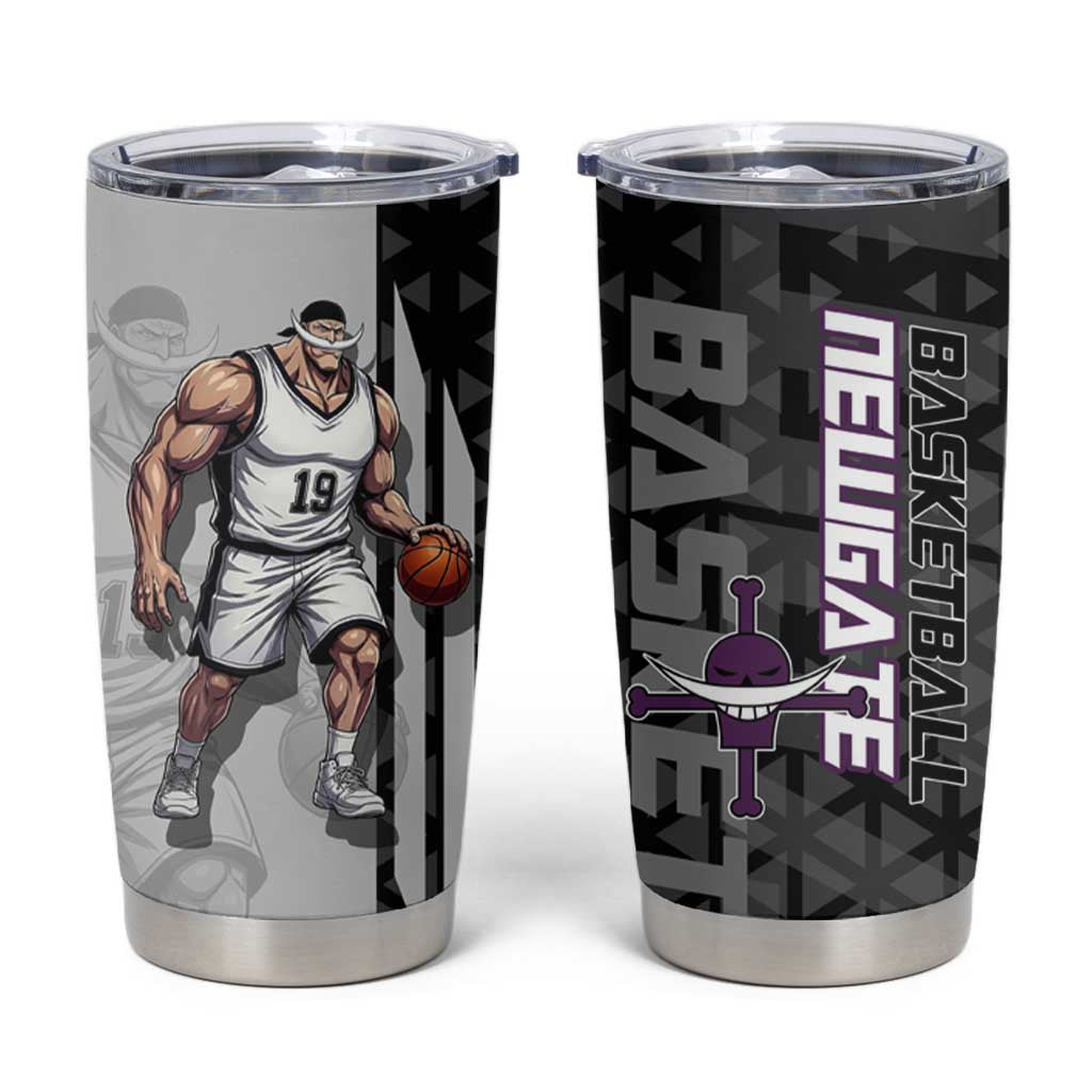 Whitebeard Newgate One Piece Basketball Theme Black and White Design Tumbler Cup with Crossed Moustache Emblem and Dominant Pose - The Mazicc