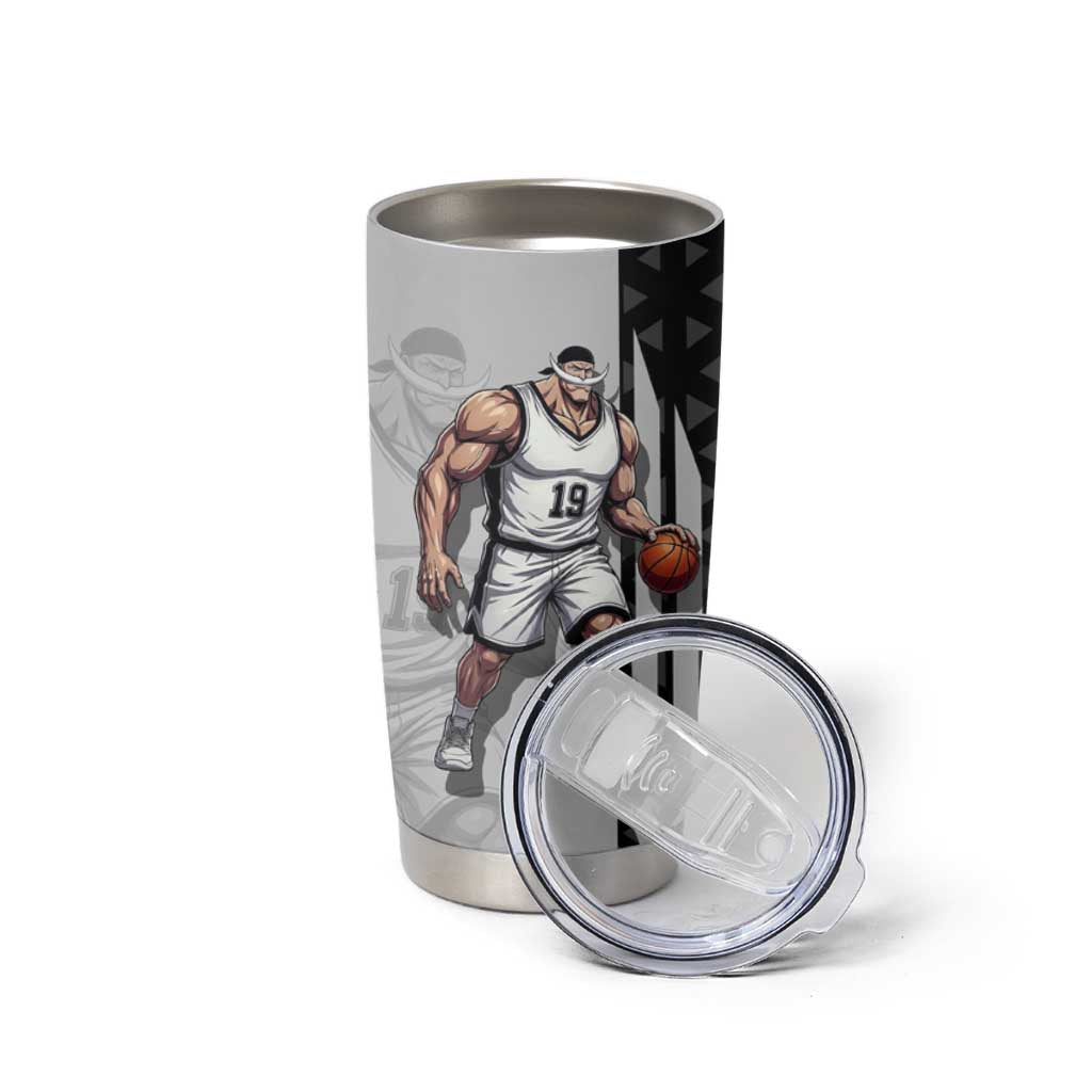 Whitebeard Newgate One Piece Basketball Theme Black and White Design Tumbler Cup with Crossed Moustache Emblem and Dominant Pose - The Mazicc