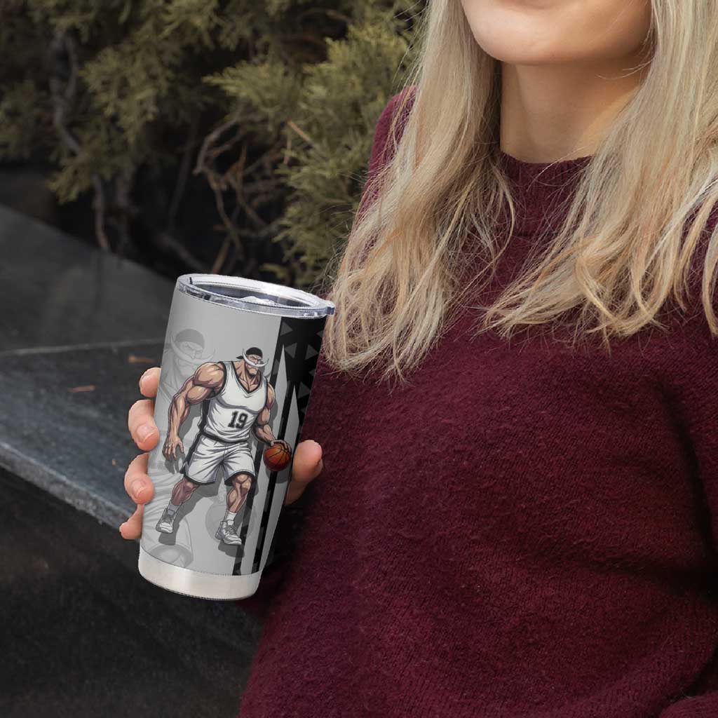 Whitebeard Newgate One Piece Basketball Theme Black and White Design Tumbler Cup with Crossed Moustache Emblem and Dominant Pose - The Mazicc