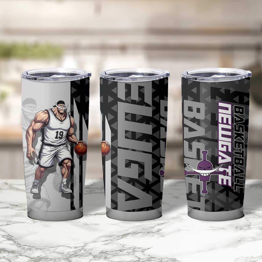 Whitebeard Newgate One Piece Basketball Theme Black and White Design Tumbler Cup with Crossed Moustache Emblem and Dominant Pose - The Mazicc