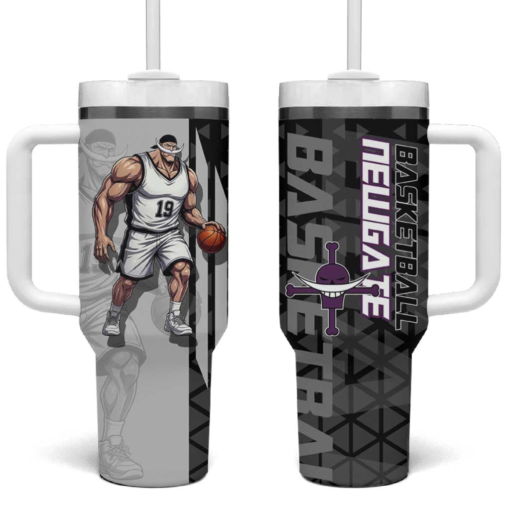 Whitebeard Newgate One Piece Basketball Theme Black and White Design Tumbler With Handle with Crossed Moustache Emblem and Dominant Pose - The Mazicc