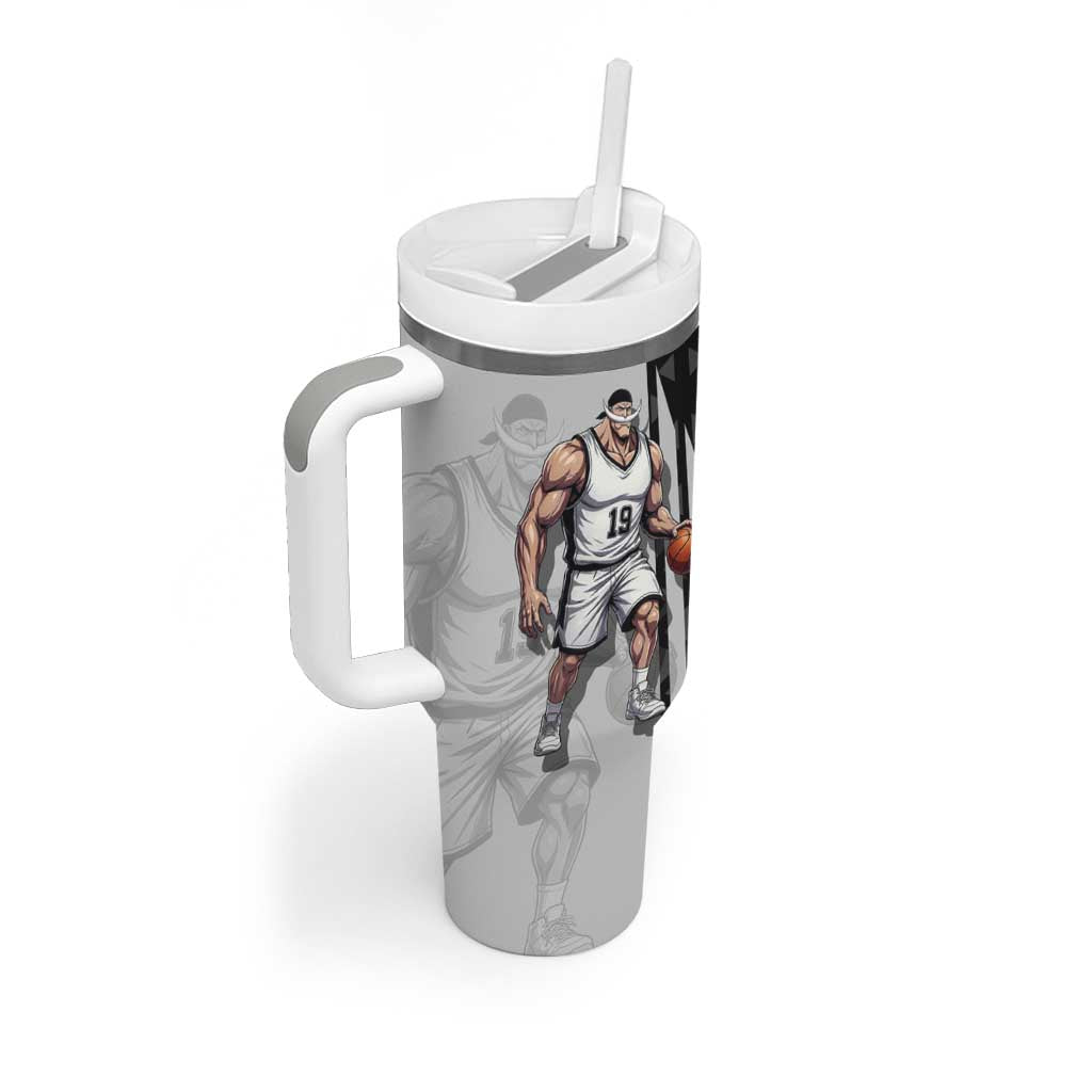 Whitebeard Newgate One Piece Basketball Theme Black and White Design Tumbler With Handle with Crossed Moustache Emblem and Dominant Pose - The Mazicc