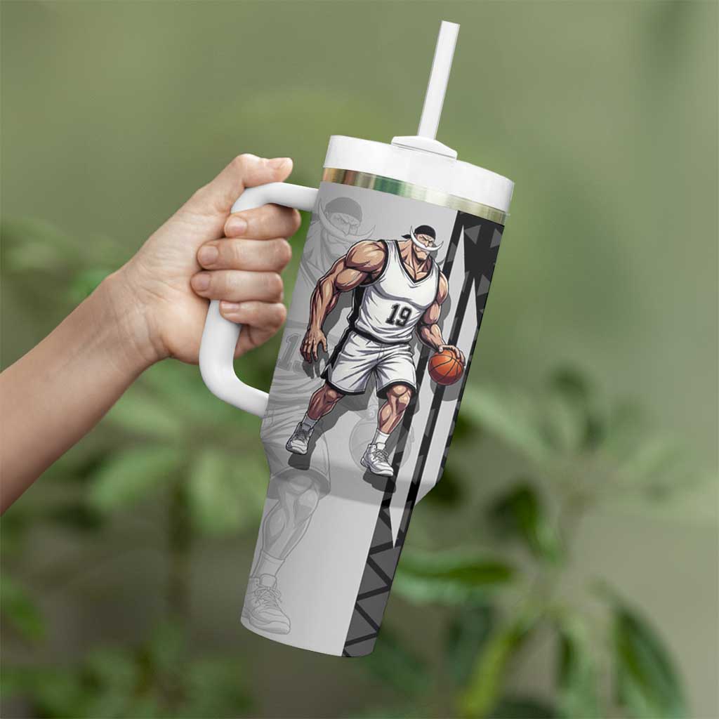 Whitebeard Newgate One Piece Basketball Theme Black and White Design Tumbler With Handle with Crossed Moustache Emblem and Dominant Pose - The Mazicc