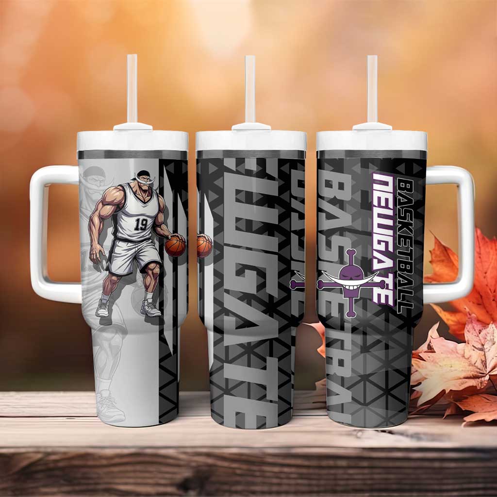 Whitebeard Newgate One Piece Basketball Theme Black and White Design Tumbler With Handle with Crossed Moustache Emblem and Dominant Pose - The Mazicc