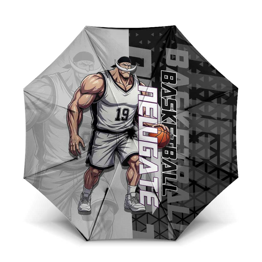 Whitebeard Newgate One Piece Basketball Theme Black and White Design Umbrella with Crossed Moustache Emblem and Dominant Pose - The Mazicc