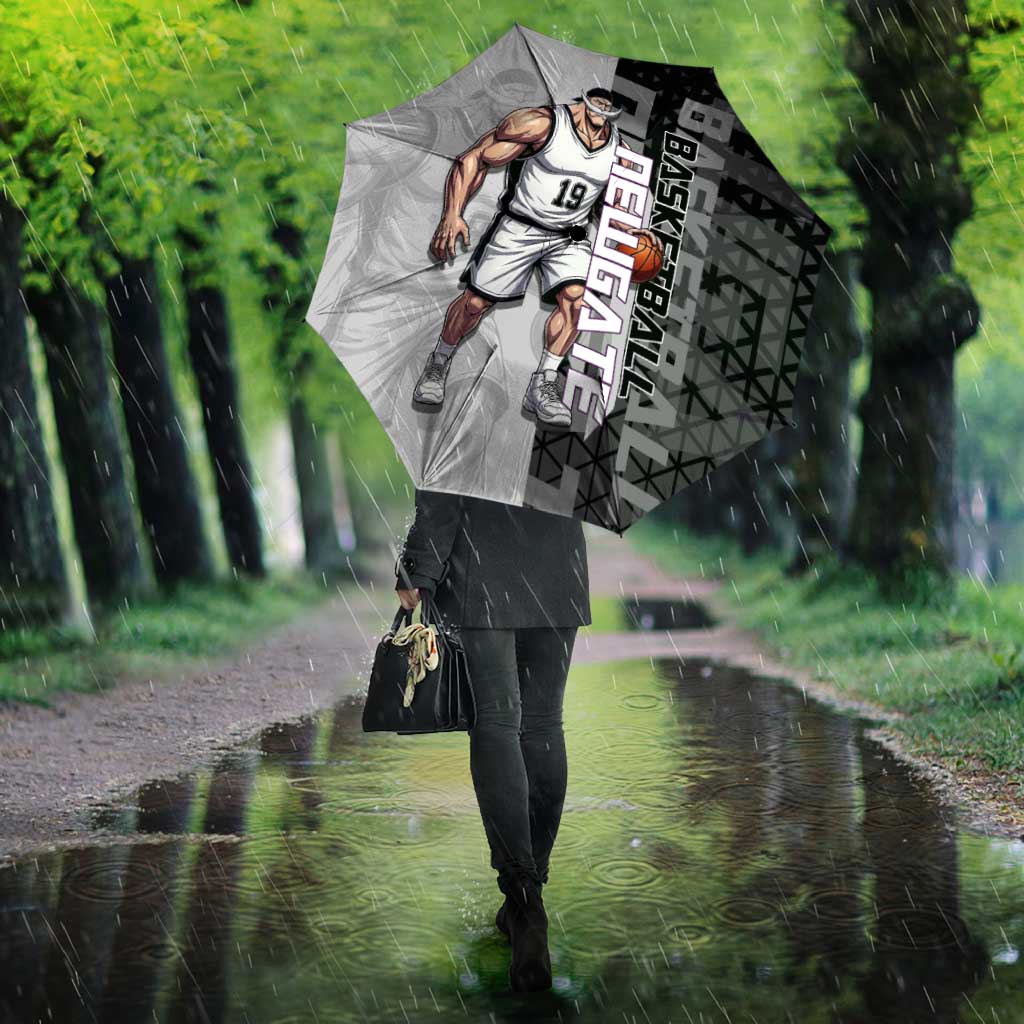 Whitebeard Newgate One Piece Basketball Theme Black and White Design Umbrella with Crossed Moustache Emblem and Dominant Pose - The Mazicc