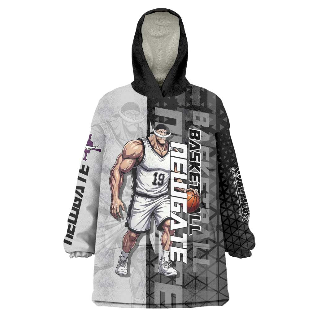 Whitebeard Newgate One Piece Basketball Theme Black and White Design Wearable Blanket Hoodie with Crossed Moustache Emblem and Dominant Pose - The Mazicc
