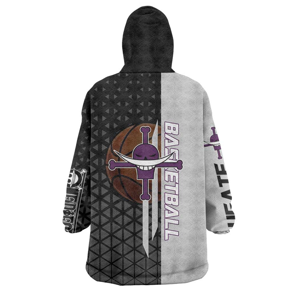 Whitebeard Newgate One Piece Basketball Theme Black and White Design Wearable Blanket Hoodie with Crossed Moustache Emblem and Dominant Pose - The Mazicc