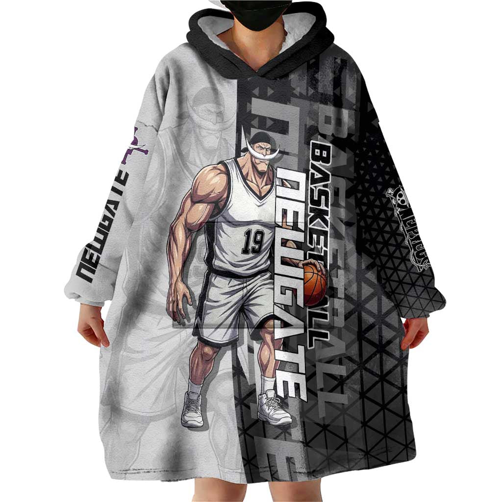 Whitebeard Newgate One Piece Basketball Theme Black and White Design Wearable Blanket Hoodie with Crossed Moustache Emblem and Dominant Pose - The Mazicc