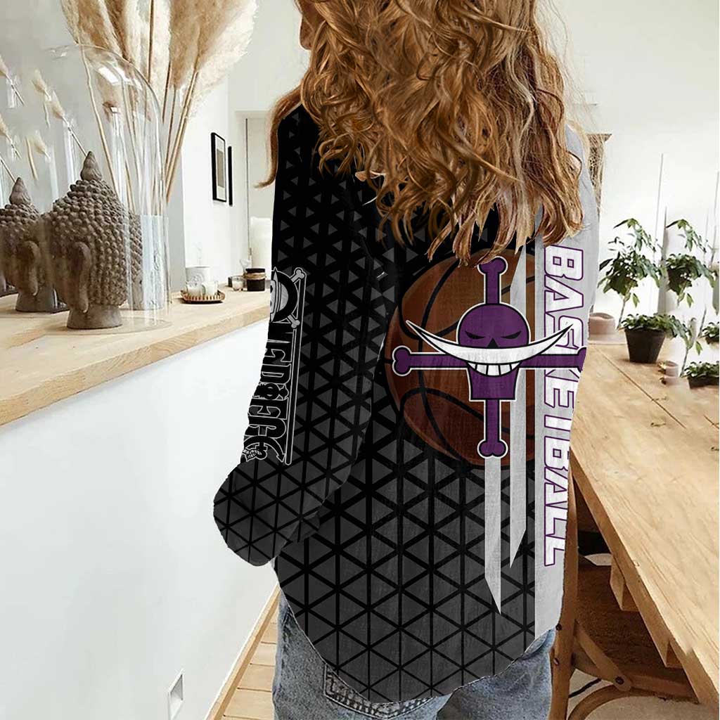 Whitebeard Newgate One Piece Basketball Theme Black and White Design Women Casual Shirt with Crossed Moustache Emblem and Dominant Pose - The Mazicc