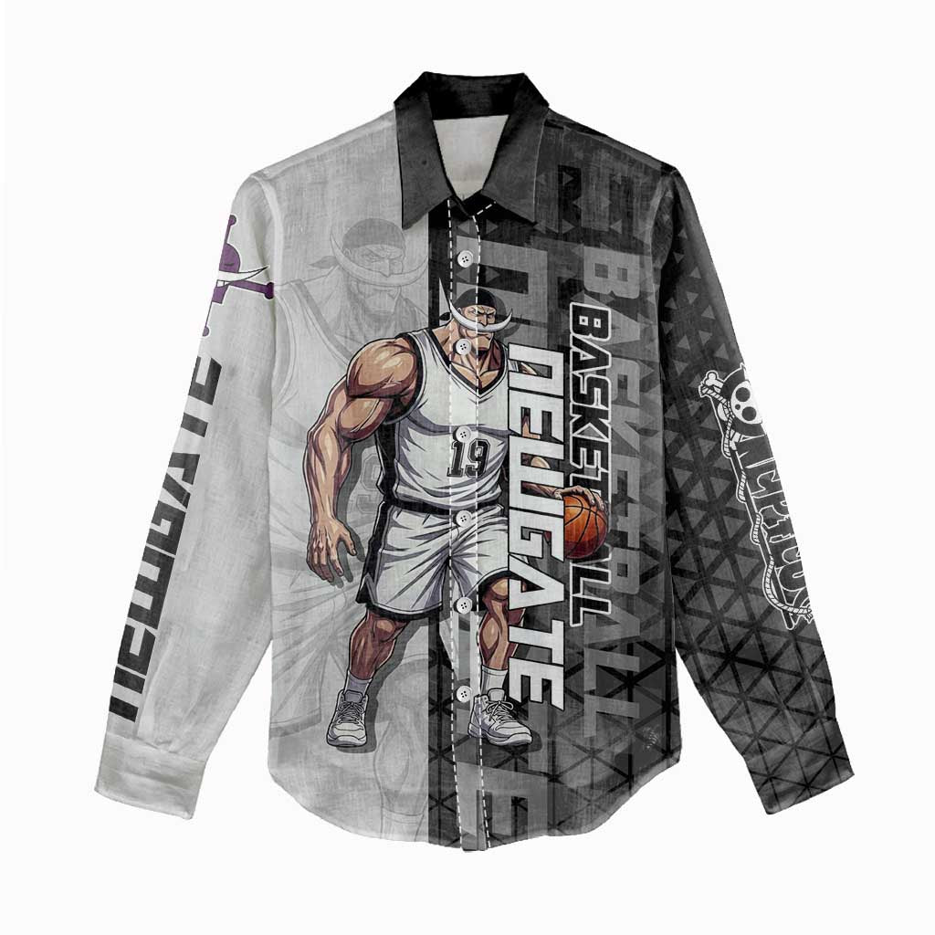 Whitebeard Newgate One Piece Basketball Theme Black and White Design Women Casual Shirt with Crossed Moustache Emblem and Dominant Pose - The Mazicc