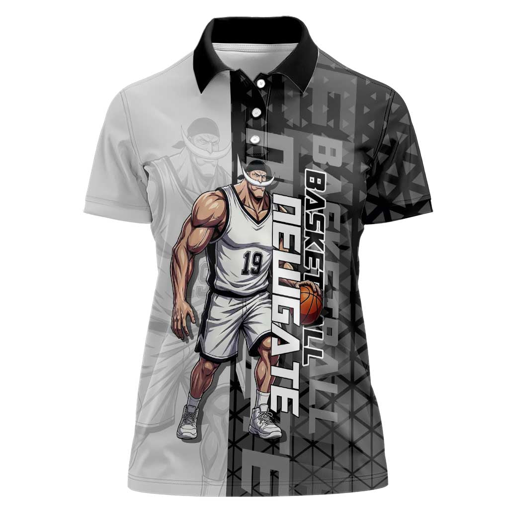 Whitebeard Newgate One Piece Basketball Theme Black and White Design Women Polo Shirt with Crossed Moustache Emblem and Dominant Pose - The Mazicc