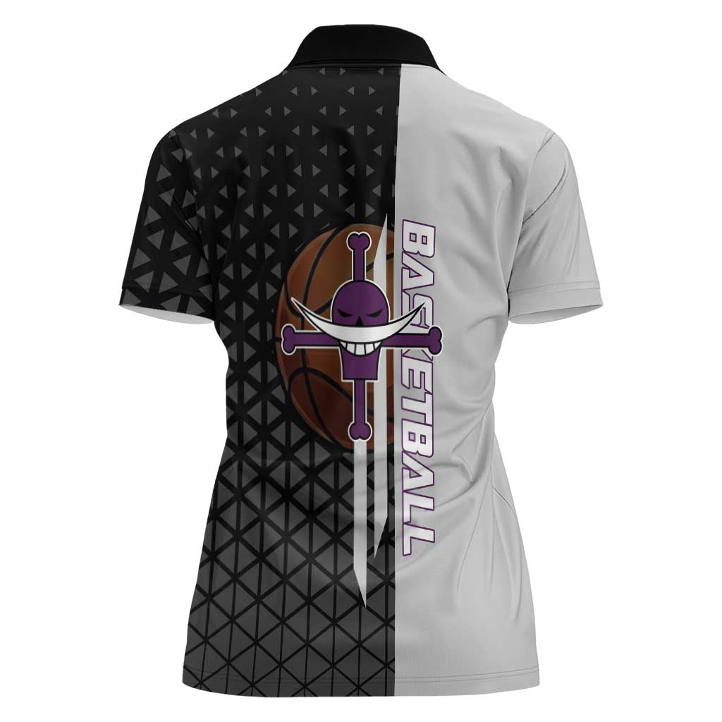 Whitebeard Newgate One Piece Basketball Theme Black and White Design Women Polo Shirt with Crossed Moustache Emblem and Dominant Pose - The Mazicc