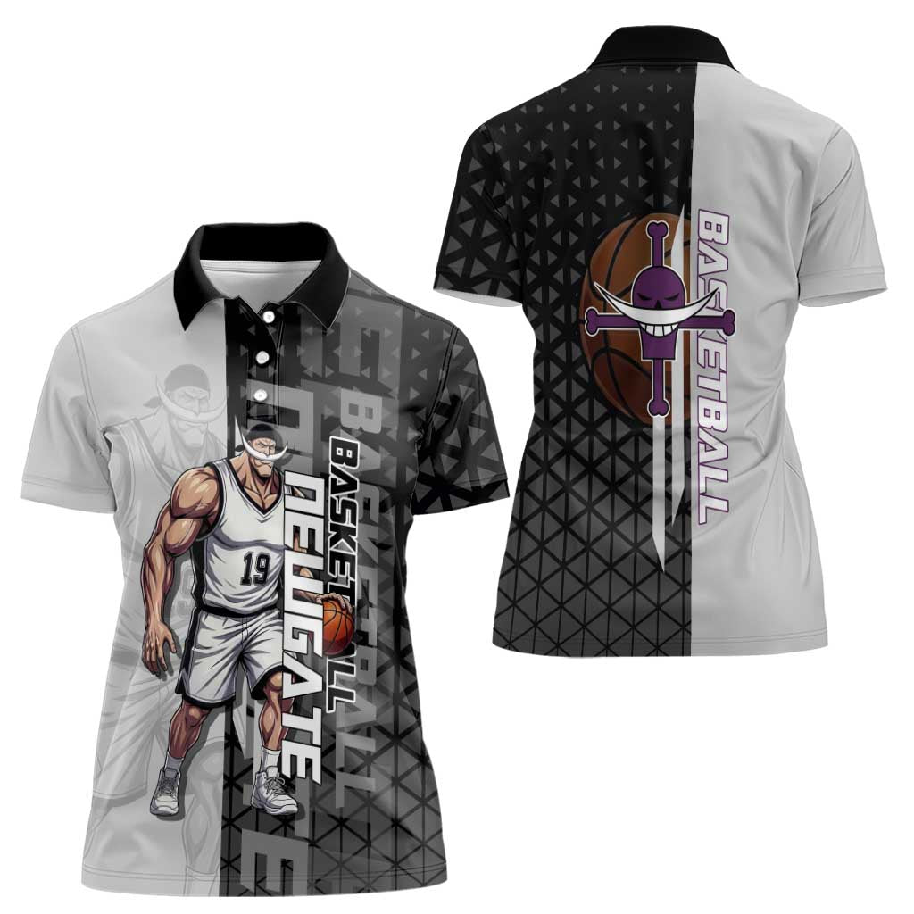Whitebeard Newgate One Piece Basketball Theme Black and White Design Women Polo Shirt with Crossed Moustache Emblem and Dominant Pose - The Mazicc
