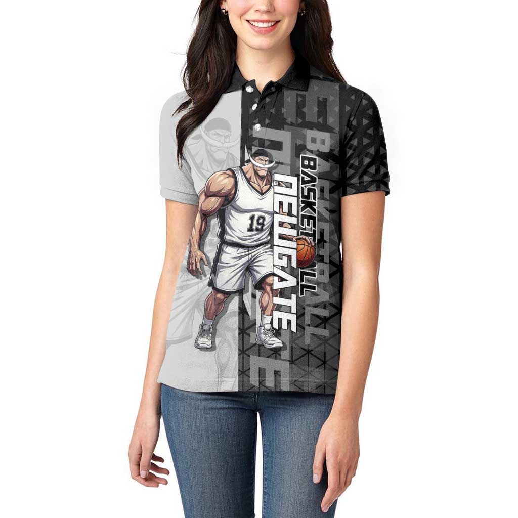 Whitebeard Newgate One Piece Basketball Theme Black and White Design Women Polo Shirt with Crossed Moustache Emblem and Dominant Pose - The Mazicc