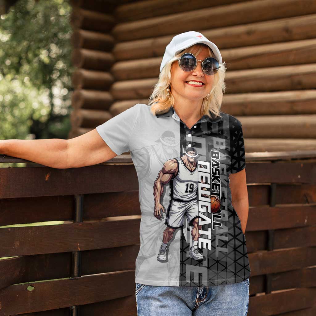 Whitebeard Newgate One Piece Basketball Theme Black and White Design Women Polo Shirt with Crossed Moustache Emblem and Dominant Pose - The Mazicc