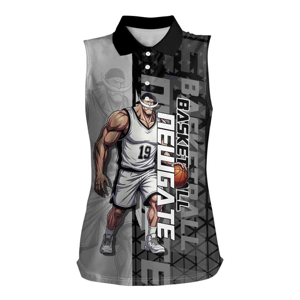 Whitebeard Newgate One Piece Basketball Theme Black and White Design Women Sleeveless Polo Shirt with Crossed Moustache Emblem and Dominant Pose - The Mazicc