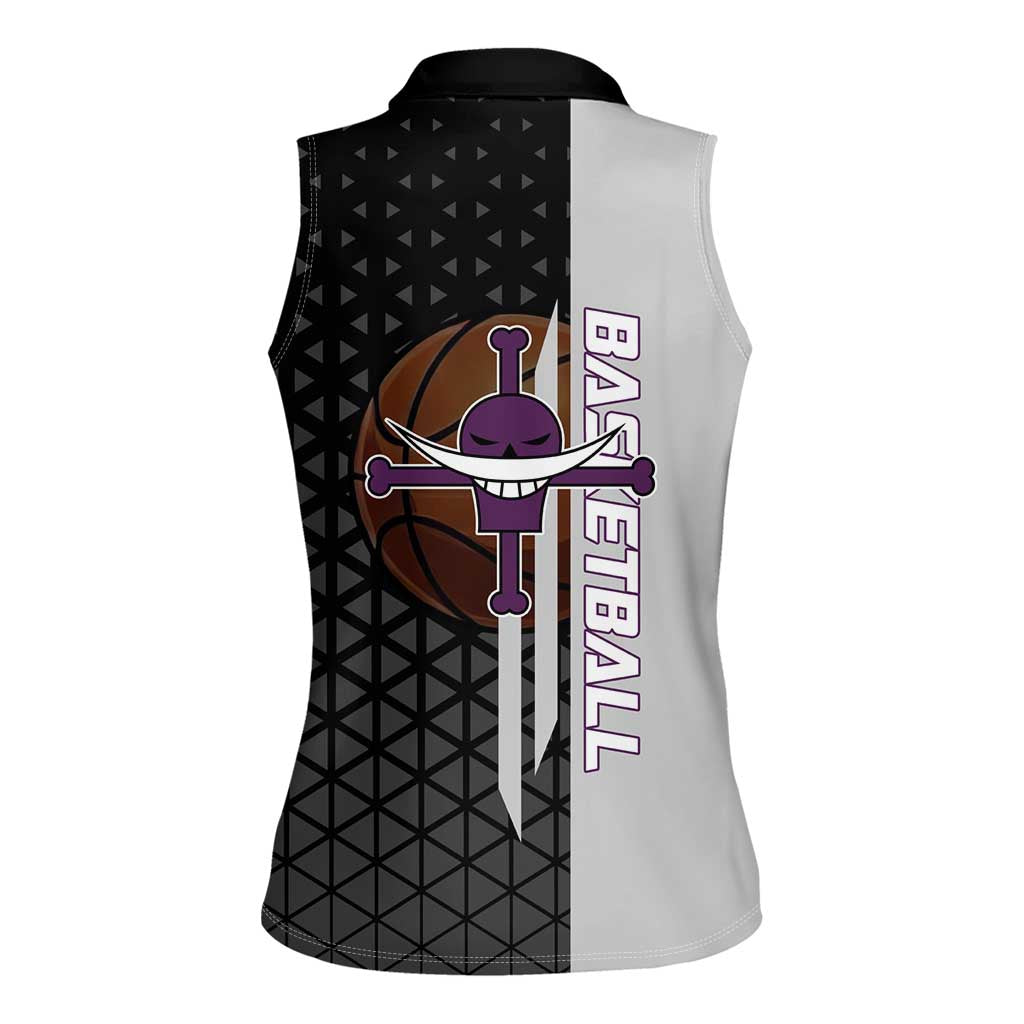 Whitebeard Newgate One Piece Basketball Theme Black and White Design Women Sleeveless Polo Shirt with Crossed Moustache Emblem and Dominant Pose - The Mazicc