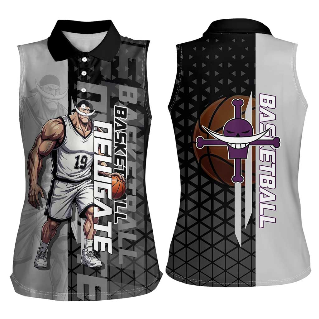 Whitebeard Newgate One Piece Basketball Theme Black and White Design Women Sleeveless Polo Shirt with Crossed Moustache Emblem and Dominant Pose - The Mazicc