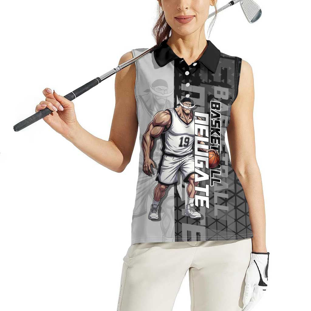 Whitebeard Newgate One Piece Basketball Theme Black and White Design Women Sleeveless Polo Shirt with Crossed Moustache Emblem and Dominant Pose - The Mazicc